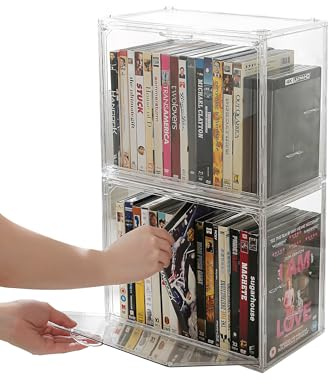 Beveetio Acryl-DVD-Aufbewahrungsbox, stapelbar, DVD-Hüllen, Organizer mit Tür, transparente CD-Aufbewahrungsbox für CDs, Blu-Ray, Discs, Videospiele, hält bis zu 34 Hüllen