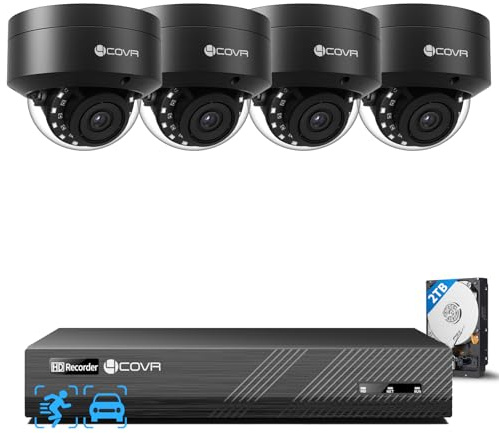 4COVR 5MP Überwachungskamera Aussen Set, 8CH H.265 NVR 2TB, DLY54AB5M0804 | 4×5MP IK10 Vandalensichere Dome PoE IP Kamera mit Mikrofon, KI Personen-/Fahrzeugerkennung, IP67 Wetterfest für Zuhause