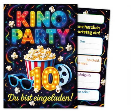 Junaversum 12 Einladungskarten zum 10. Kindergeburtstag Kino Party Mädchen Jungen bunt coole bunte Einladungen zehnte Geburtstag Geburtstagseinladungen Kids Kinogeburtstag