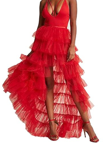 OhMill Jupe Noire à Volants Longue Jupe en Tulle pour Femme Tulle Jupe Maxi Longue Jupe Tutu pour Femme Robe avec Train Détachable, Rouge, Taille unique