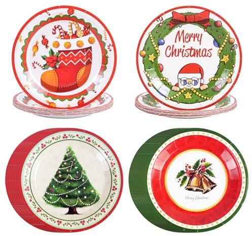DHAIQC 48 Stück Weihnachts Pappteller 18 cm, Weihnachten Partyteller Weihnachtsmann Weihnachtsbaum Einwegteller Dessertteller Kuchenteller für Weihnachten Partyzubehör