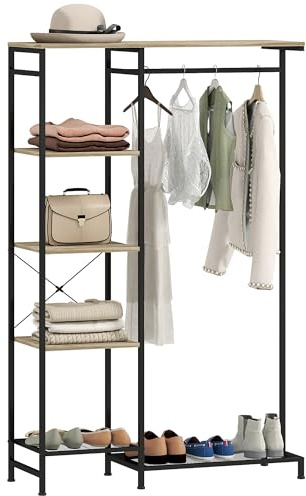 HOMCOM Garderobenständer, Kleiderständer mit Kleiderstange, Schuhregal, Garderobe mit Ablage, Jackenständer mit Kippschutz, für Eingangsbereich, Flur, Schlafzimmer, Eiche