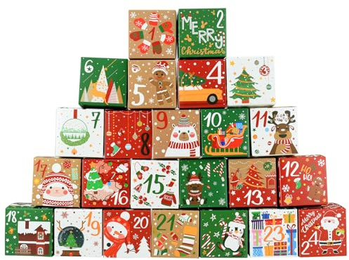 TAIYOU 24 Stück Weihnachtskalender Boxen 7cm Adventskalender zum Befüllen Weihnachtspapier Boxen Adventskalender Süßigkeiten Box Weihnachtsplätzchen Kisten Geschenkboxen