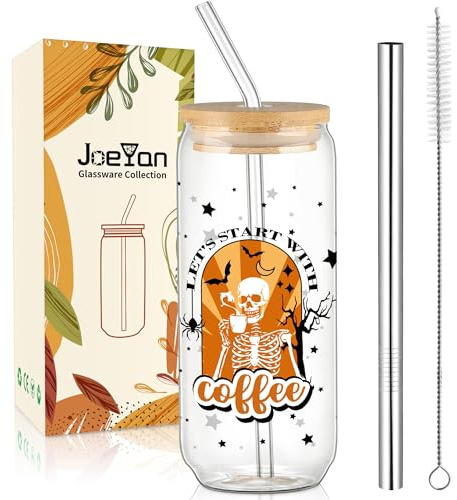 Joeyan 600ml Halloween Gläser mit Deckel und Strohhalm,20oz Trinkgläser Dosenform mit Totenkopf schwarzer Stern,Glasbecher für Eiskaffee Matcha Smoothie Bubble Tea, Halloween-Dekor Glaswaren Geschenk