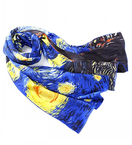 Prettystern dam 160 cm sidenhalsduk av 100 % siden med van Gogh konstmotiv silkesscarf, P514 Blå Stjärnnatt, 160 cm X 43 cm