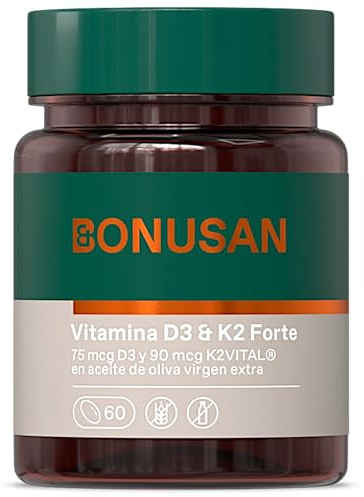 Bonusan Vitamina D3 y K2 Forte 60 Perlas - Suplemento con Aceite de Oliva Virgen Extra - Sin Gluten, Sin Lactosa y Sin Soja - Para Correcta Absorción del Calcio y Mantenimiento de los Huesos