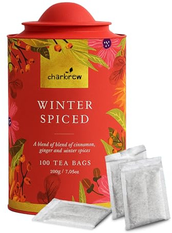 Charbrew 100 Winter Spiced Teabags - Rustic Floral Metal Tea Tin | Reusable Caddy | Gift for Tea Lovers