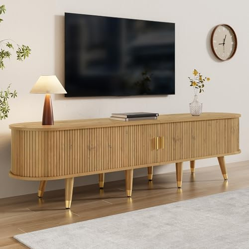 Gxffipw TV Schrank Lowboard Länge 175 cm für Fernseher bis zu 75 Zoll, Fernsehschrank TV Board mit Schiebetüren und Schublade, Fernsehtisch Wohnzimmerschrank mit Stauraum, Wohnzimmer Möbel, Holzfarbe