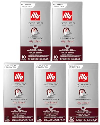 illy Nespresso Compatible Intenso Espresso Aluminium Coffee Capsules - (Pack of 5, Total 50 Pods) - 100% Arabica Coffee