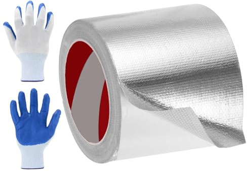 sourcing map 1 Pack Fiberglass Aluminum Foil Tape, 100mm x 20m Adhesive | Aluminum Foil Heat Shield Tape Heat Resistant Sealing Tape High Temp Protection with Gloves for HVAC, Pipe, Auto