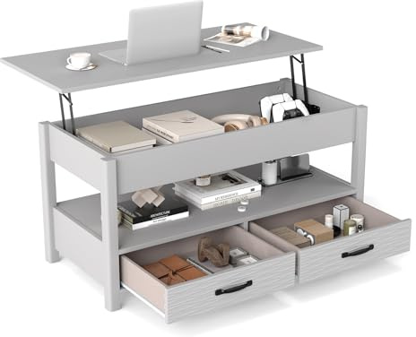 COSTWAY Lift Up Top Coffee Table, Wooden Lifting Cocktail Center Table with Hidden Storage Compartment, Open Shelf & 2 Drawers, 100cm Rectangle Accent Sofa Side Tea Tables for Living Room Office, Grey