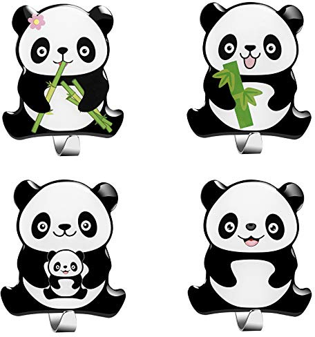 Panda Crochet Adhésif Mural, 4 Pièces Porte Serviette Salle de Bains En Acier Inox Auto-Adhésif Imperméable et Résistant à l'Huile pour Cuisine, Salon et Bureau - Crochet à Vêtements Enfant