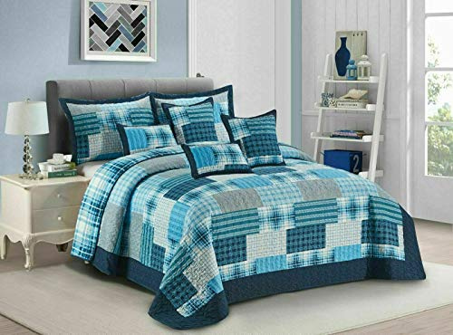 PRIME LINENS Quilted Patchwork Bedspread Bed Throw 2 Piece Embossed Coverlet with 1 Pillow Sham (Check Denim Blue, Single)