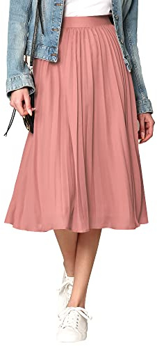 Made By Johnny WB2371 Women's High Elastic Waist Pleated Mid A-Line Swing Skirt L Mauve