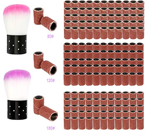 Iyowei 300 Pezzi Anello di Sabbia per Unghie, 80# 120# 180# Abrasivi Trapano Unghie Levigatura Bande per Pedicure e Manicure Scovolini Fresa per Unghie- con 2 Pennelli a Manico Corto