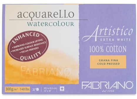Fabriano Artistico Acquarello, Extra White, Fine Grain, Cold Pressed, 30.5 x 45.5 cm, 20 Sheets, 300 g/m², Artists' Watercolour Cardboard, Pad Glued on 4 Sides, 30,5 x 45,5 cm