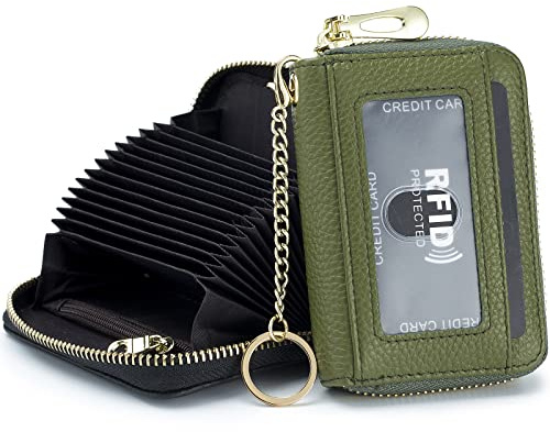 imeetu Card Holder for Women RFID Card Holder Wallet Slim Leather Cardholder Damen with 12 Card Slots, 2 Wide Cash Slots, Keyring & ID Window (Small,Olivgrün)