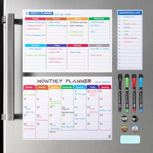 Pubell White Board Calendar Dry Erase - Monthly, Weekly & Daily Magnetic Refrigerator Calendar, Grocery List & To-Do List Pad, Minimalist White Style