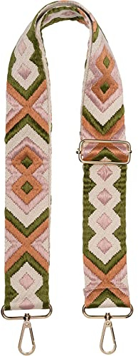 styleBREAKER Taschen Schulterriemen Handyband Ethno, Camel-Oliv-Beige-Rose | 5 cm breiter Wechselgurt aus weichem Stoff, Karabinerhaken für einfachen Austausch, stufenlos von 74 bis 134 cm anpassbar.