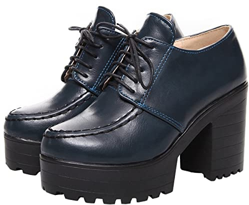 Betastella Women's Chunky Heel Platform Ankle Booties Lace Up Vintage Oxfords Shoes, Size 8, Navey Blue