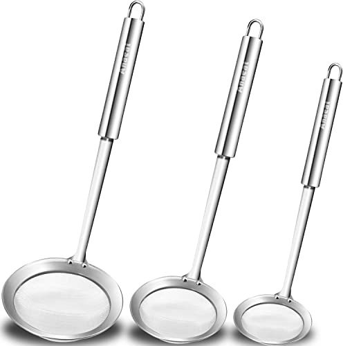 Anaeat Stainless Steel Fat Skimmer Spoon - Set of 3 Professional Kitchen Fine Mesh Food Strainer and Hot Pot Skimmer with Long Handle for Skimming, Cooking, Frying, Grease, Gravy and Foam (3+4+4.7)