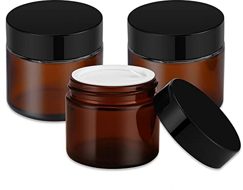 2 oz Amber Glass Jars with Lids, Bumobum 4 pack Small Jars with White Labels & Inner Liners, 60 ml Empty Round Cosmetic Containers for Sample, Powder, Cream, Lotion, Spice