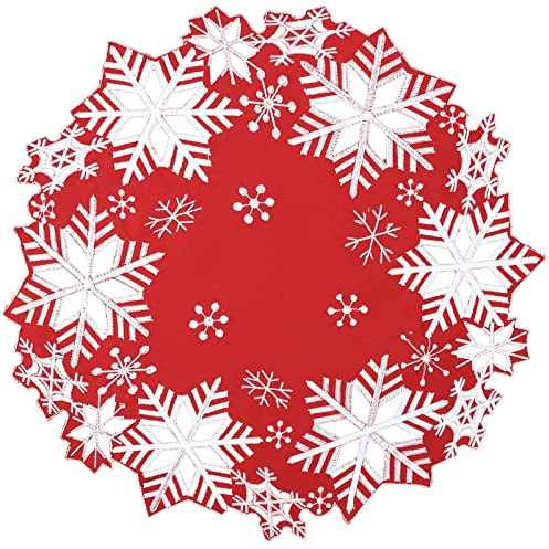 Simhomsen Set of 4 Embroidered Snowflakes Round Doily, Place-mats Round 15 inches for Christmas Holiday and Winter, Dining Table Centerpieces (Red)