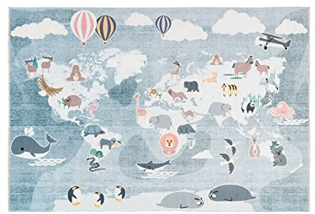 Spielteppich Weltkarte mit Tieren - Blau-Grau 80 x 145 cm - Waschbar & rutschfest - Lernteppich fürs Kinderzimmer - Schlafzimmer Teppich