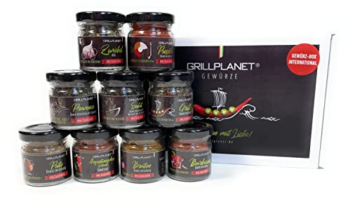 Grillplanet 9er Gewürz-Geschenk-Set Designgläser, Gewürze aus aller Welt, Gewürz-Set 177g, Grill und Pfanne