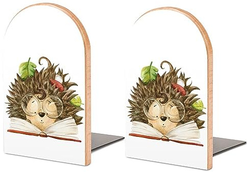 Niapessel Buchstützen Buchstützen für Regale zum Halten von Büchern, niedlicher intelligenter Igel-Druck, kleine rutschfeste Buchstopper, Holz, dekorativ, Heimbüro, Schreibtisch