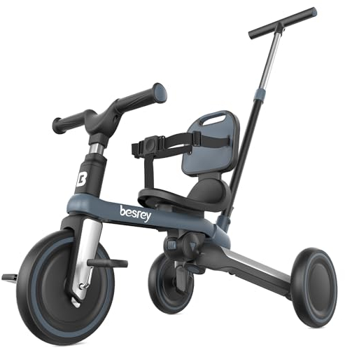 besrey Kleinkindfahrrad mit Eltern-Lenkschiebegriff für 1–3 Jahre, faltbares Kinder-Schiebedreirad, Kleinkind-Dreirad mit abnehmbaren Pedalen, höhenverstellbarer Sitz, Dunkelgrau
