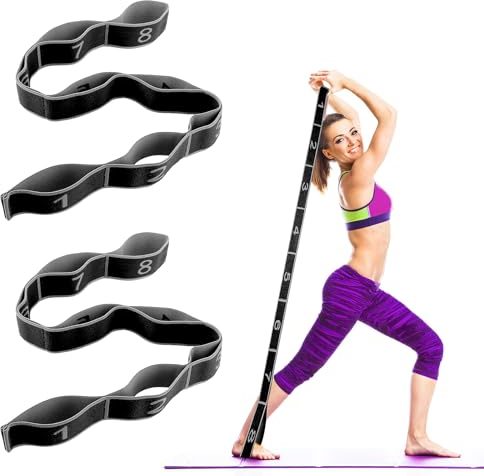 Amabro 2 Stück Yoga Band mit 8 Schleifen, Stretching Band für Gymnastikband Pilates, Gurt Strap Fitnessbänder Fitness Stretchband Yoga mit Schlaufen Stretch Gurt Hochelastischer Upgrade Erweitern