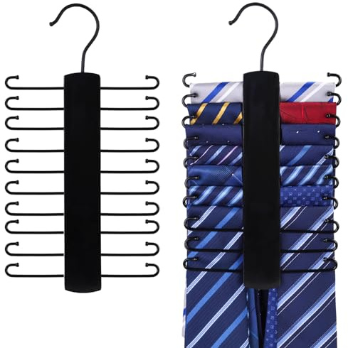 JOHOUSE Wooden Tie Rack, Tie Hanger Organizer for Men Closet 20 Hooks 360 Degree Rotating Hanging Space Saving Holder for Belt Scarf, Black
