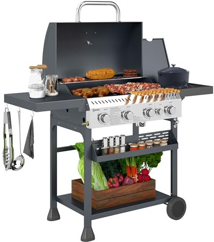 Outsunny 4+1 Gas Burner Grill, 12.5 kW Propane Gas Barbecue BBQ Grill with Wheels, Warming Rack, Shelves, Thermometer, Bottle Opener, Black