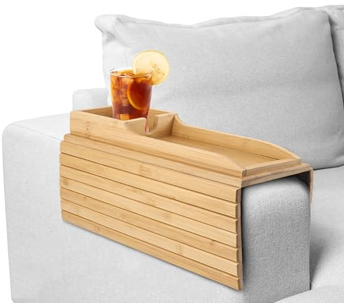 Bamboo Sofa Armrest Tray With Cup Holder, Anti-Slip Foldable Table for Drinks, Cellphone, Remote Control