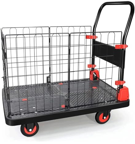 Rieort Plattformwagen, zusammenklappbarer Schiebewagen aus Metall mit hohem Zaun, beweglicher Transportwagen, tragbarer, Flacher Handwagen, Last 330 Pfund, beweglicher Transportwagen