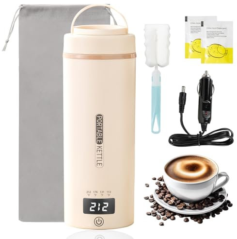 JEKABA Hervidor eléctrico de viaje de 12 V para coche, portátil, pequeño, para té, café, hervidor de agua, calentador de agua con 4 controles de temperatura (crema)