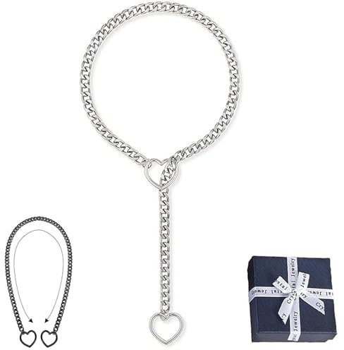 MEDSEF Loveshackles - Heart Slip Chain, Love Shackles Necklace,Handmade Punk Gothic Cuban Necklace Adjustable Lariat Y-Necklace (Silver)
