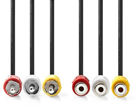 NEDIS Câble vidéo composite - 3 fiches RCA - 3 prises RCA femelles - Nickelé - 480p - 2 m - Rond - PVC - Noir - Étiquette