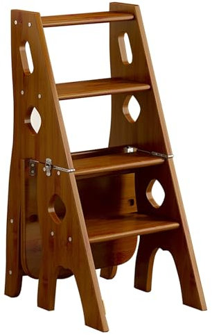 Solid Wood 4 Tier Folding Step Ladder Chair Display Shelf for Library MultiFunctional Convertible 3in1 Wood Ladder Shelf