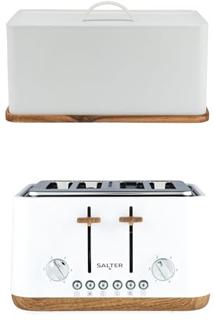 Salter Toronto Toaster & Bread Bin Set – 4-Slice Toaster with 6 Browning Levels, Cancel, Reheat & Defrost, Large Bread Bin with Chopping Board, Wooden Base for Chopping/Serving, White, COMBO-9538