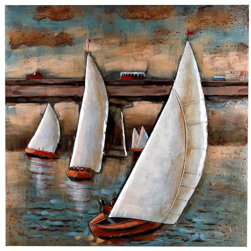 H4L Wandbild Metallbild Relief Unikat Weiße Segelboote handgefertigt Bild 97x97x5cm