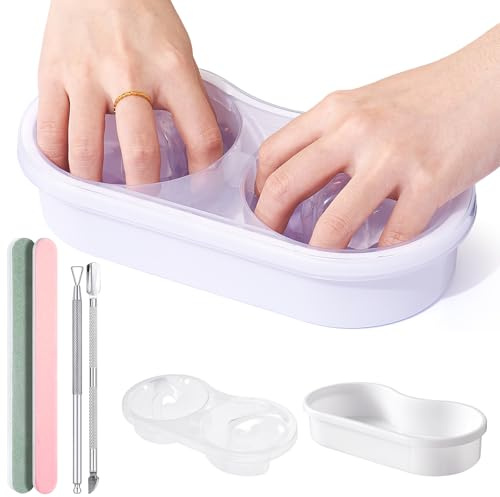 Dual Nail Soak Off Bowl for Both Hands, Acetone-Proof Acrylic Remover Kit | Double-Layer Manicure Soak Bowl Faster Remove Acrylic Nails, Gel Polish, Dip Powder with Nail File & Pusher for Salon Home
