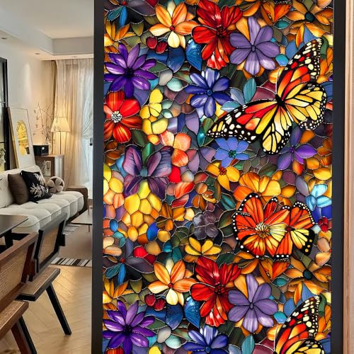 Pellicola Vetri Finestre 45X100CM Farfalle E Fiori Pellicola Adesiva Oscurante per Vetri Isolamento Termico Privacy,Carta Adesiva per Vetri,Anti-Uv, per Finestre per Doccia Bagno（2 pezzi）