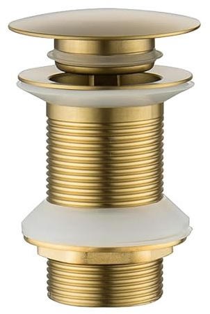NIYATA Gold Basin Waste Plug for Sink Without Overflow | Brushed brass pop up drain plug for bathroom basins without overflow, with click clack seal and removable core.