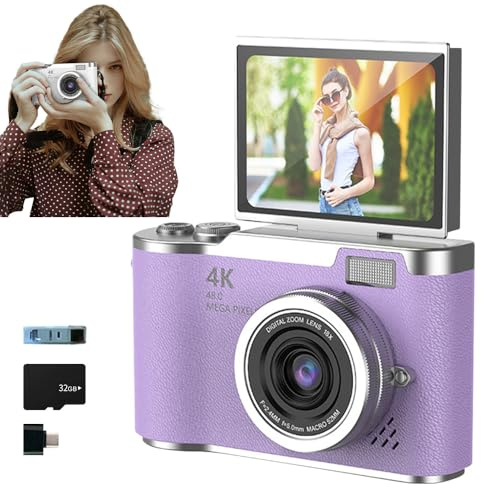 Appareil photo numérique 4K pliable pour étudiant, appareil photo numérique 2025, appareil photo numérique FHD 4K pour photographie avec écran rabattable, zoom 8x, appareil photo numérique 48 MP pour