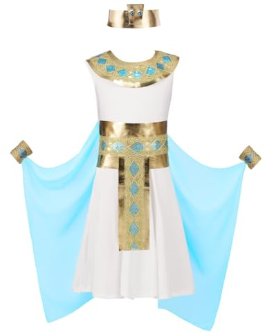 DiULi Costume de Déguisement Cléopâtre pour Enfants Filles,Robe Princesse Égyptienne pour Fille avec Ceinture à Décoratives, Idéal pour Anniversaire, Carnaval et Jeux de Rôle,140CM