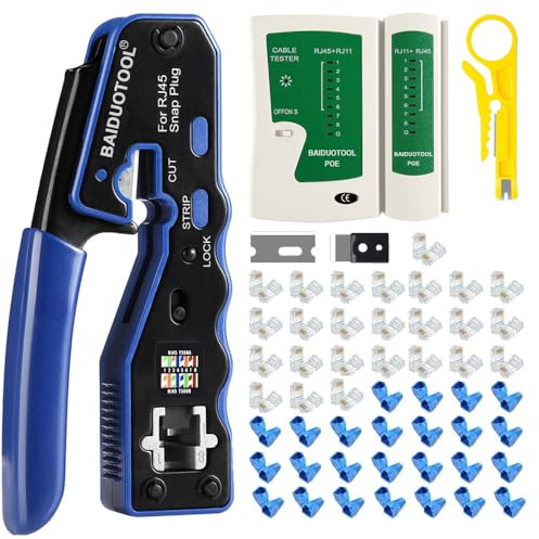 Kit di crimpatura RJ45 con pinza crimpatrice passante per Cat5, Cat5e, Cat6, Cat6a, 8P8C, connettore modulare All-In-One Cat6, crimpatrice e tester (batteria da 9 V non inclusa)