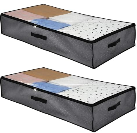 ANQKYO 2 contenitori portaoggetti sotto il letto, grandi contenitori sottoletto, borse portaoggetti sotto il letto in tessuto non tessuto, con trasparente Para Ropa