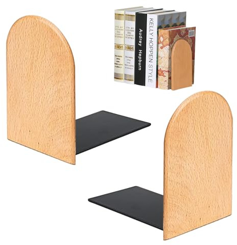 1 Pair Book Ends, Non-Slip Bookends, Wood-Handmade Heavy Duty Book-Ends for Shelves, Nature Beech-Wood-Books-Stand Bookends for Shelves Home Office and Library